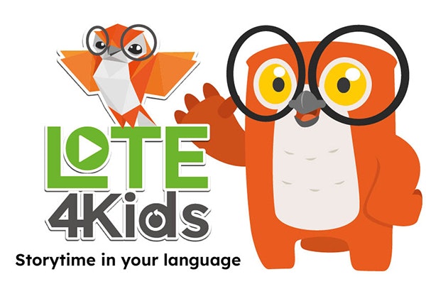 Resource logo featuring illustrated owl and text LOTE4Kids Storytime in your language